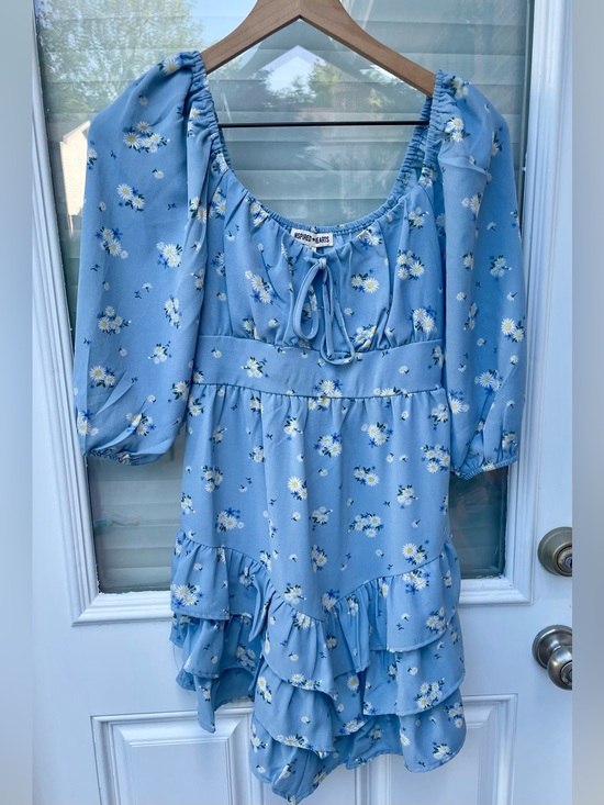 Inspired Hearts Dresses & Skirts - Inspired Hearts Light Blue Daisy Print Ruffle Dress